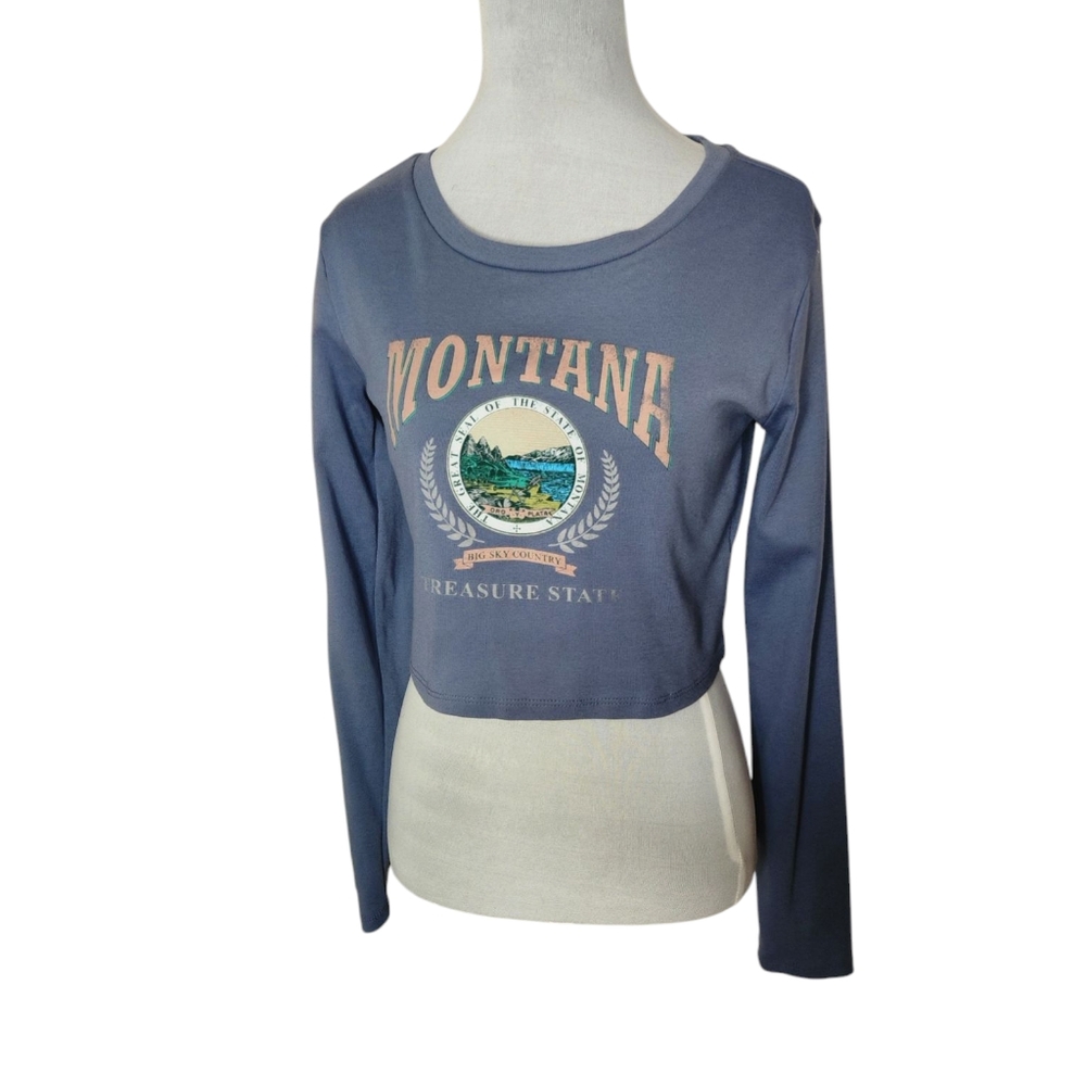 NIKXIE Los Angeles MONTANA Blue Long Sleeve Crop‎ Top Large